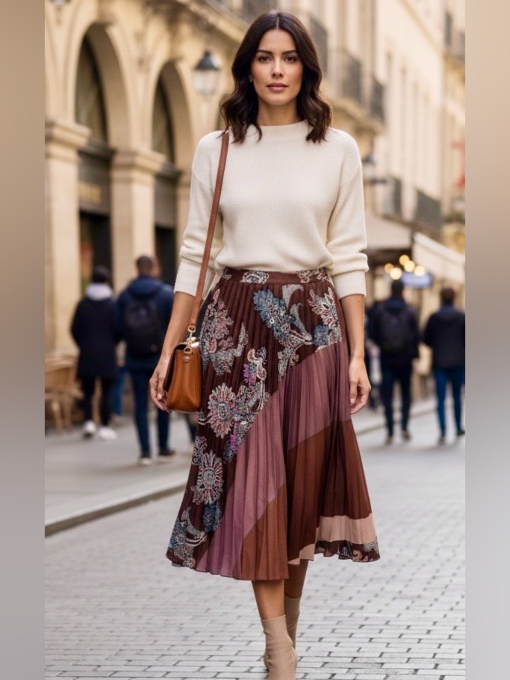 Mango Asymmetrical Floral Patchwork Pleated Midi Skirt in Brown, Mauve,and Cream
